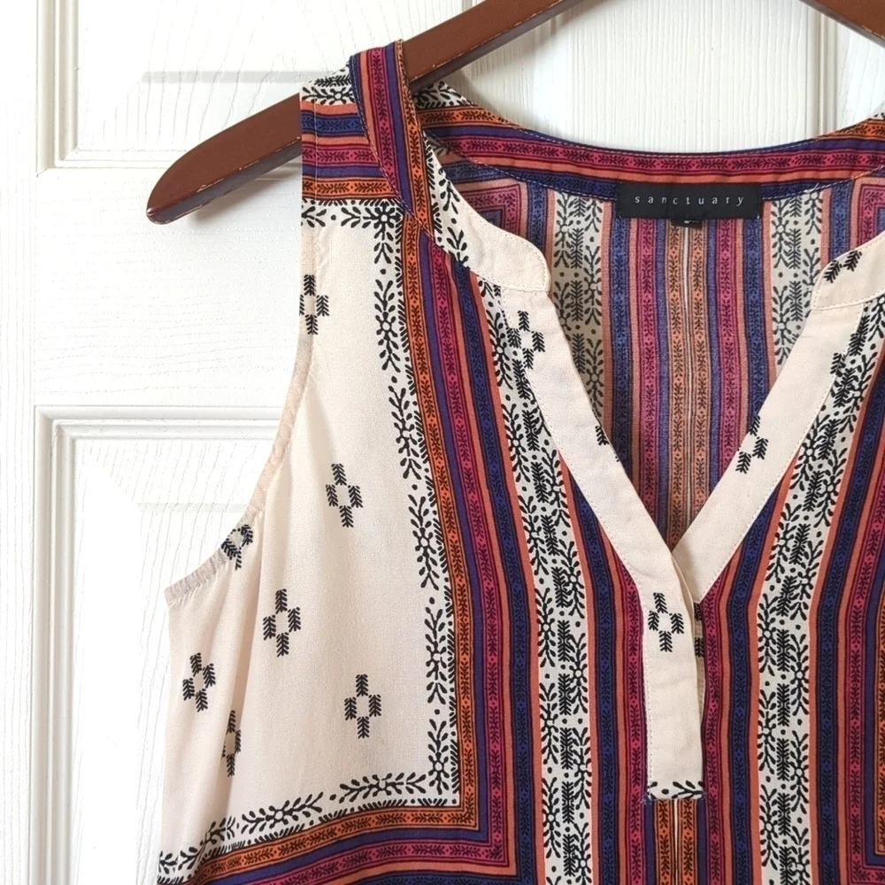 Sanctuary Bohemian Printed Sleeveless V-neck Mini Shift Dress Beige Small - Picture 4 of 10